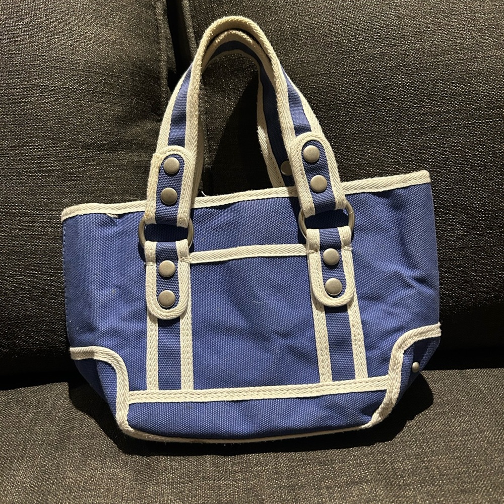 L.L.Bean Structured Canvas Mini Tote Bag Blue Cream Lined Interior Metal Feet
